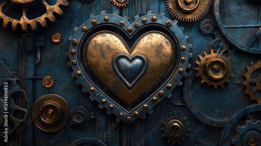 Intricately designed love-shaped gears with metallic finishes, connected seamlessly on a dark, industrial background Intricately designed love-shaped gears with metallic finishes, connected seamlessly on a dark, industrial background