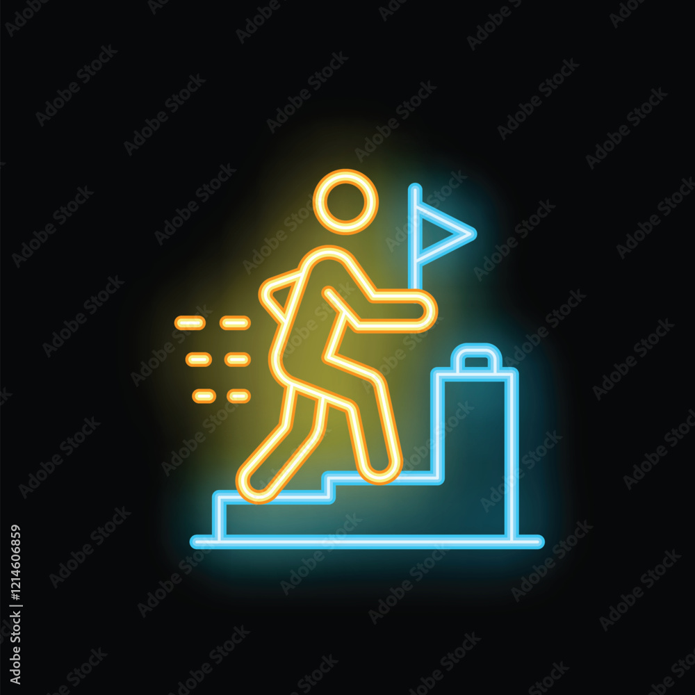 Neon sign of a businessman running fast on stairs to reach the goal flag, symbol of career ambition, success and achievement Neon sign of a businessman running fast on stairs to reach the goal flag, symbol of career ambition, success and achievement