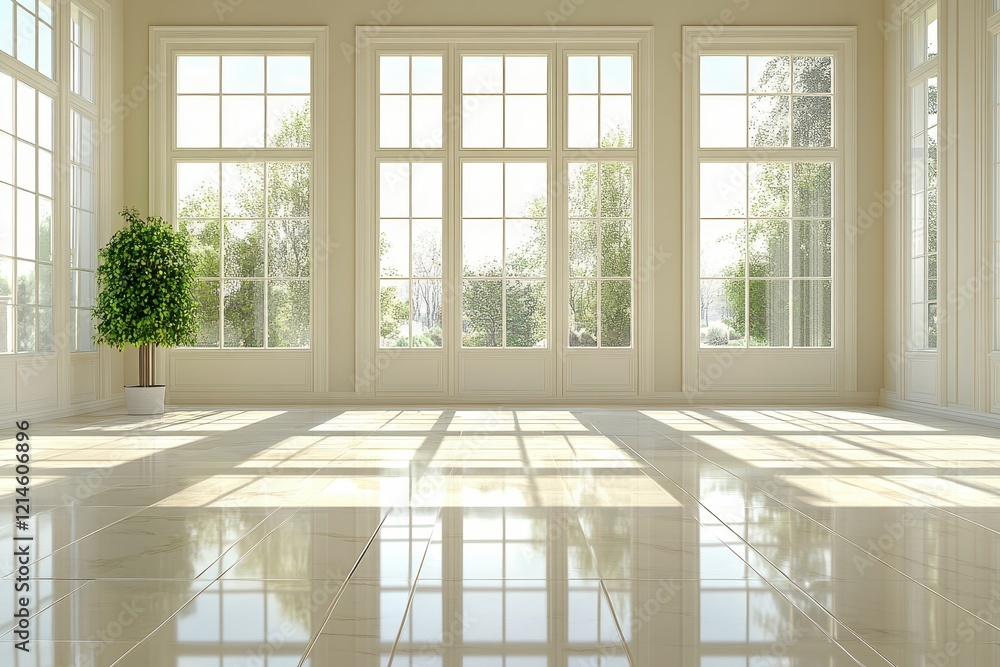 Fototapeta premium Sunlit Modern Interior with Large Windows and Glossy Floor Reflecting Natural Light and Greenery