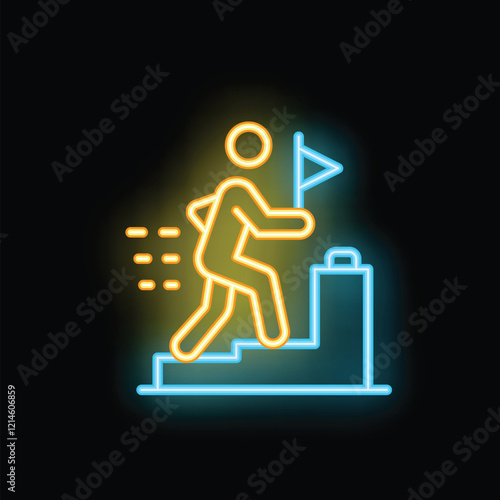 Neon sign of a businessman running fast on stairs to reach the goal flag, symbol of career ambition, success and achievement