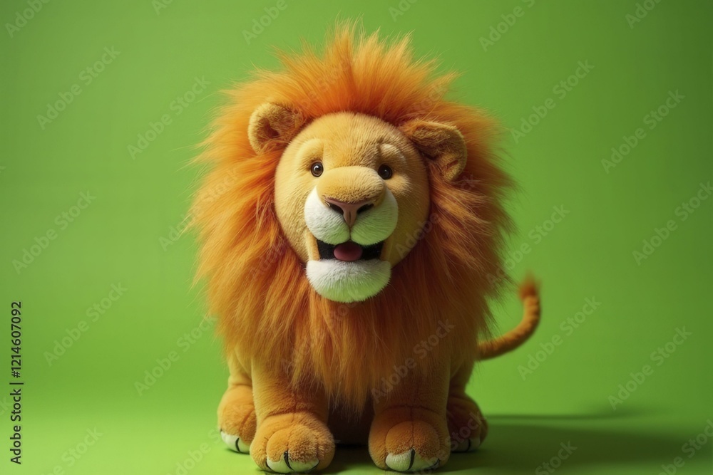 Plush Lion Toy with Golden Mane Against Bright Green Background Plush Lion Toy with Golden Mane Against Bright Green Background