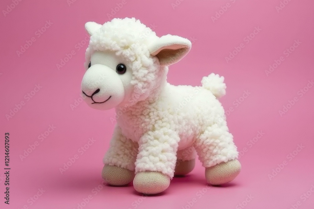Plush White Sheep Toy on Bright Pink Background with Black Eyes Plush White Sheep Toy on Bright Pink Background with Black Eyes
