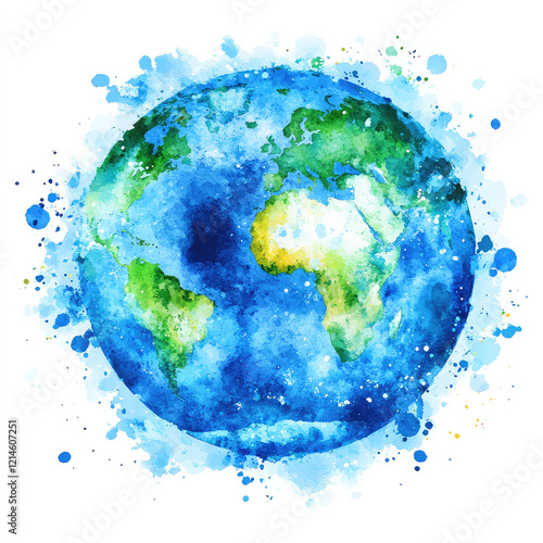 Watercolor globe earth illustration with continents. Vibrant artistic depiction of Earth showcasing continents and oceans, ideal for geography. Isolated on white background
