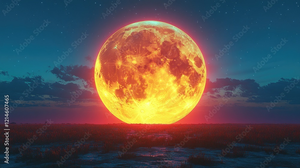 Giant fiery moon rising over field, night sky Giant fiery moon rising over field, night sky
