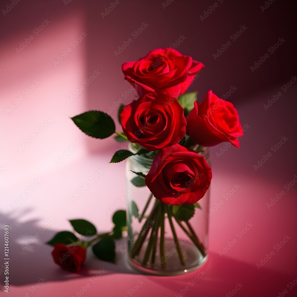 A delicate glass jar holds vibrant red roses, with a petals scattered outside. Set against a soft purple background, the scene exudes charm and elegance, creating a peaceful and graceful vibe.
A delicate glass jar holds vibrant red roses, with a petals scattered outside. Set against a soft purple background, the scene exudes charm and elegance, creating a peaceful and graceful vibe.