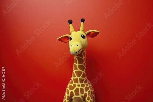 Plush giraffe toy with yellow body and brown patches on red background photo