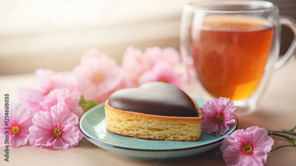 Valentine's dessert with heart cake and tea with copy space Valentine's dessert with heart cake and tea with copy space