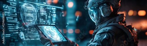 A soldier using a high-tech tablet with holographic graphics, representing innovation and tactical strategies. Ideal for military technology, futuristic warfare, and cybersecurity themes. photo