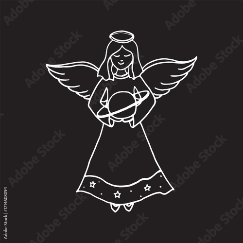 Angel linear hand drawn illustration with planet on black color background in vector format
