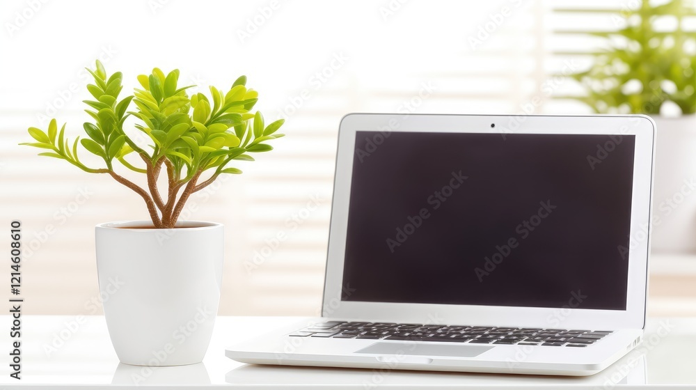 Fototapeta premium Minimalist Workspace: A sleek laptop rests on a minimalist desk beside a potted plant, a perfect setup for productivity and creative inspiration.