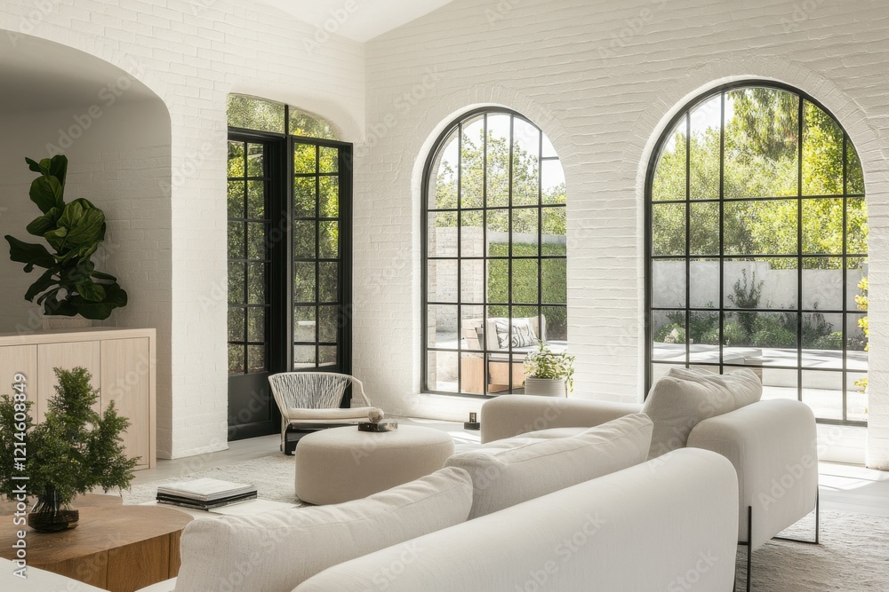 Fototapeta premium This chic and contemporary living room showcases expansive arched windows, allowing abundant natural light to flood the space. Its minimalist decor promotes a calm and tranquil atmosphere.