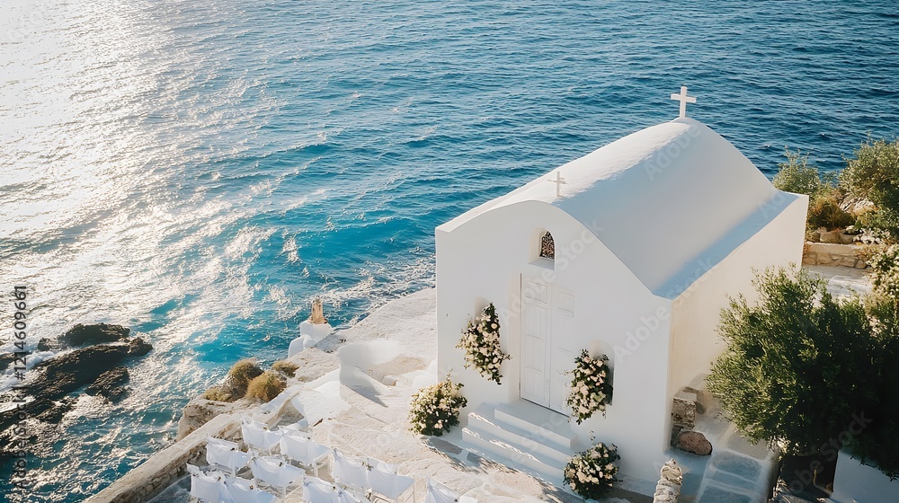 Naklejka premium whitewashed church cliffside wedding venue greece