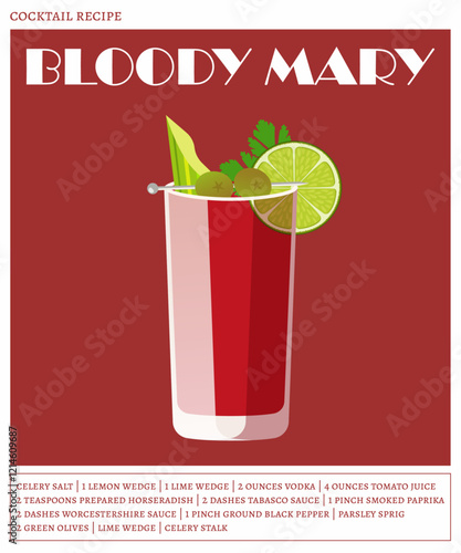 Bloody mary cocktail on the red background. Vector illustration of refreshing drink. Alcoholic cocktail recipe poster