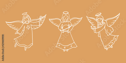 Photos Angels hand drawn linear illustration on isolated beige color background in vect