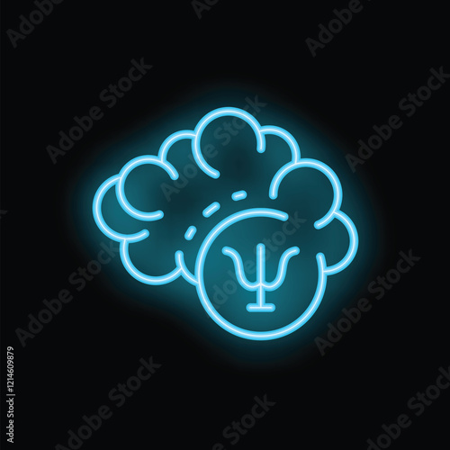 Neon blue icon of a brain with the greek letter psi glowing in the dark
