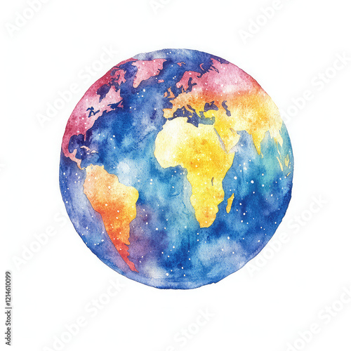 Watercolor globe earth illustration with continents. Vibrant artistic depiction of Earth showcasing continents and oceans, ideal for geography. Isolated on white background