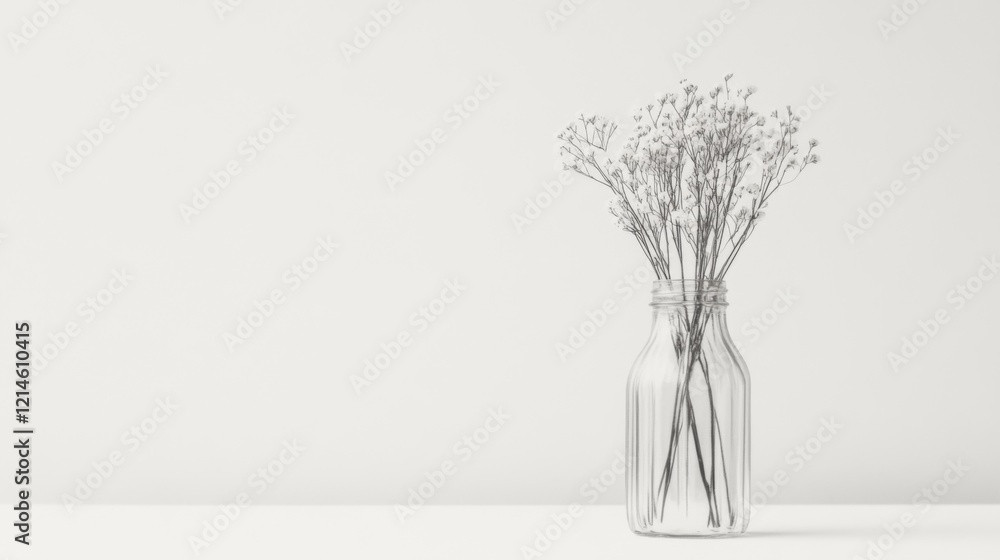 Obraz premium Minimalist monochrome still life of dried flowers in a glass vase against a white background.