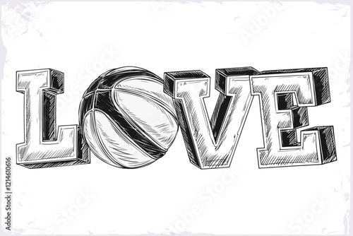Hand drawn love lettering with basketball ball, monochrome sketch expressing sport love isolated
