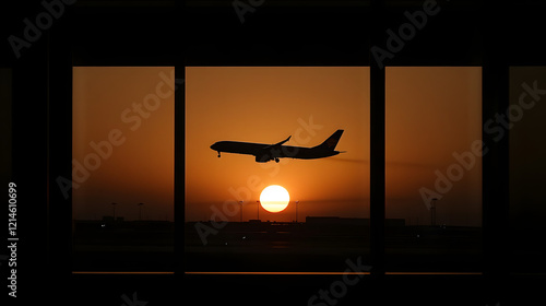 Beautiful Sunset Overhead as a Plane Ascends from an Airport Terrance photo