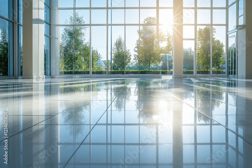 Sunlit Modern Atrium with Large Windows and Reflective Floor Overlooking Greenery and Trees