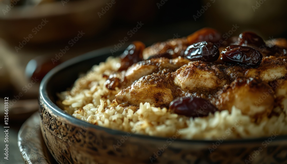 An Arabian dish of rice, chicken, and dates on the side An Arabian dish of rice, chicken, and dates on the side