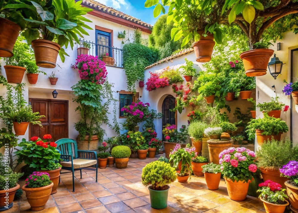 Obraz premium Serene Andalusian Patio: Lush Plants & Sun-Drenched Courtyard