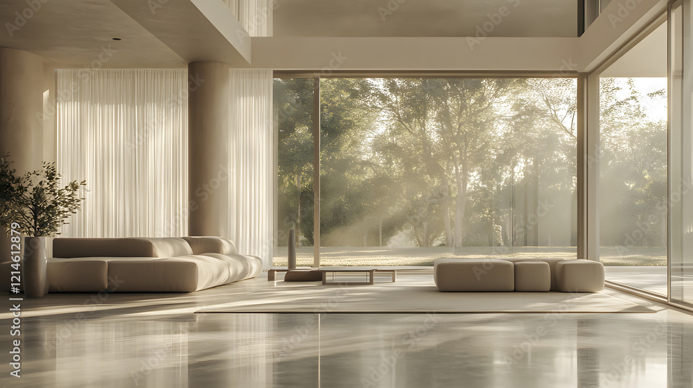Fototapeta premium Living room with large glass walls offering panoramic views.