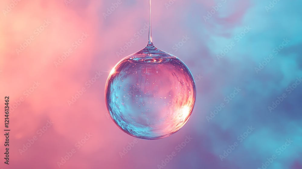 Fototapeta premium A clear water droplet floating mid-air against a gradient background, symbolizing purity, hydration, and eco-friendliness. Ideal for health, nature, and environmental campaigns.