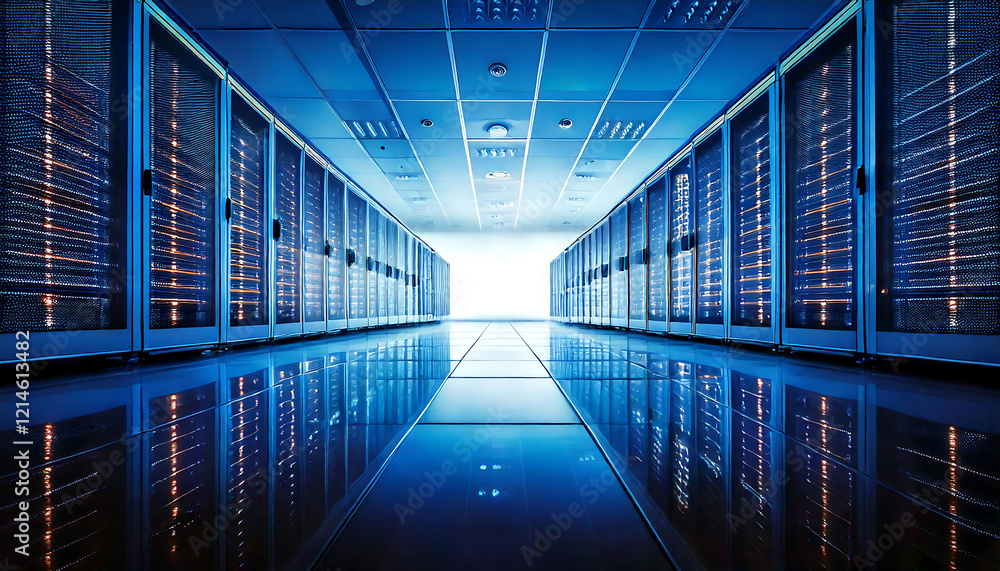 Fototapeta premium Stunning, futuristic image of a modern data center. Rows of illuminated server racks create a dramatic, symmetrical composition perfect for tech, networking, and digital concepts.