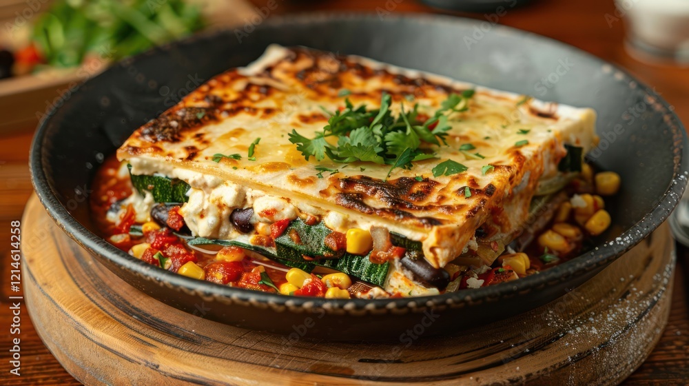 Delicious vegetable lasagna served in a rustic bowl with herbs on top, surrounded by fresh ingredients Delicious vegetable lasagna served in a rustic bowl with herbs on top, surrounded by fresh ingredients