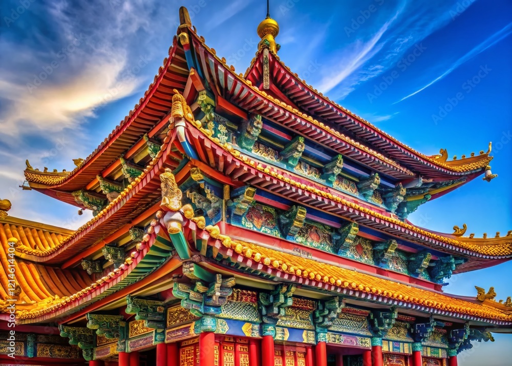 Serene Chinese Buddhist Temple Architecture Against a Vivid Blue Sky - Stock Photo Serene Chinese Buddhist Temple Architecture Against a Vivid Blue Sky - Stock Photo