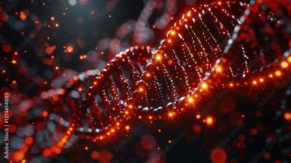 Abstract representation of DNA strands illuminated with glowing particles in a dark background Abstract representation of DNA strands illuminated with glowing particles in a dark background