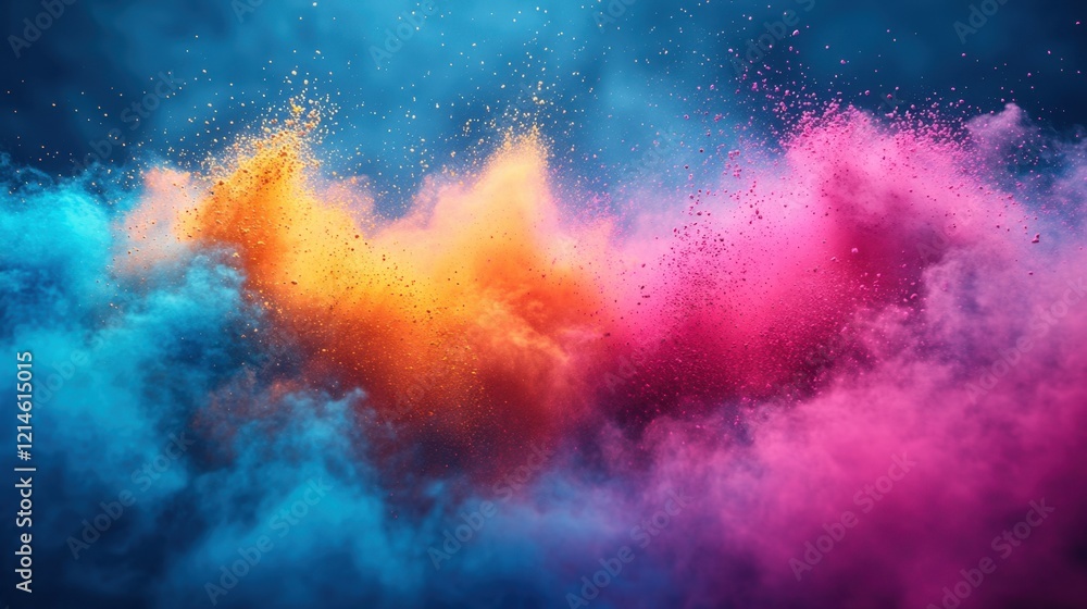 Fototapeta premium A burst of bright Holi powders in pink, yellow, green, and blue, filling the background with colorful clouds, creating an energetic and festive atmosphere 