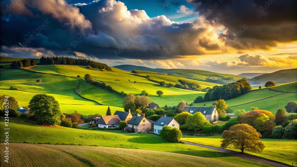 Obraz premium Serene Countryside: Houses in a Rolling Field Under a Cloudy Sky