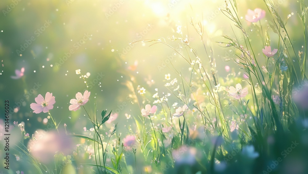 A blurred background of grasses and wildflowers with the sun shining in the sky, creating an ethereal atmosphere. A blurred background of grasses and wildflowers with the sun shining in the sky, creating an ethereal atmosphere.