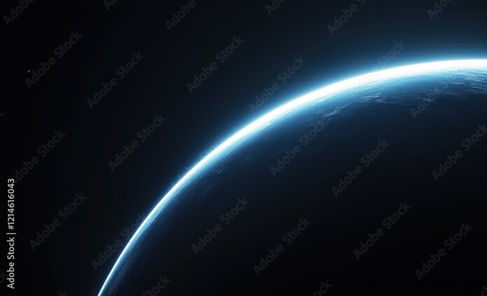 Obraz premium A blue planet seen from space, half of the Earth is illuminated by light, the other side in darkness, black background
