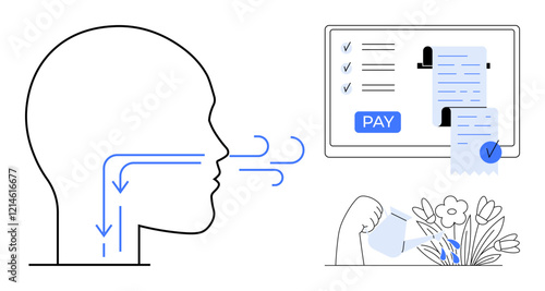 Human head with breath flow arrows, online payment screen with receipt, person watering flowers. Ideal for health, digital transactions, eco-friendly habits, technology, wellness, online shopping