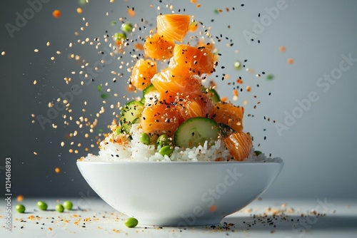 Contemporary salmon poke bowl with vibrant toppings and flying ingredients creating a dynamic culinary display photo