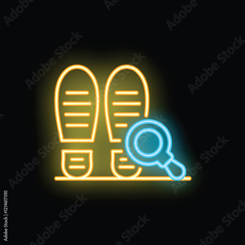 Bright neon icon of shoe prints with magnifying glass, representing forensic science and criminal investigation