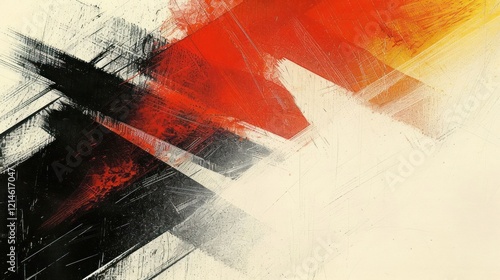 Abstract composition featuring bold brush strokes in red, black, and white, suggesting movement and energy