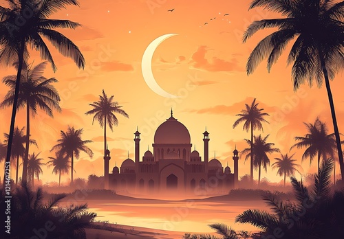 Concept of Islamic architecture. Silhouette of the Town Hall on the background of the starry sky and the moon reflecting in the river