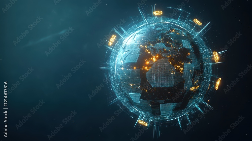 Obraz premium Conceptual image of a globe encircled by glowing wind turbines and solar panels, symbolizing global adoption of renewable energy