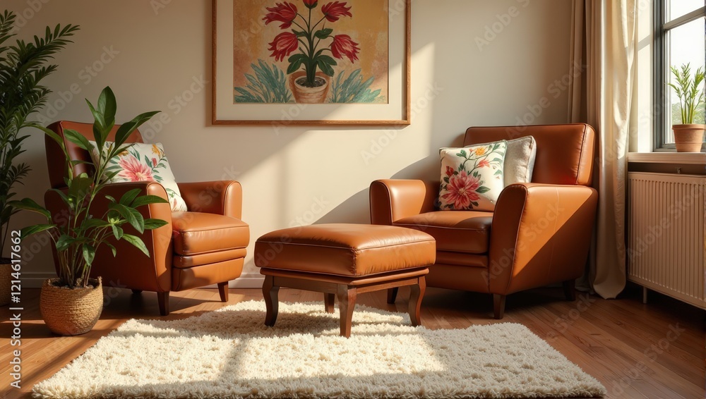 Fototapeta premium Elegant indoor scene featuring plush orange leather armchairs, cozy footstool, atop a soft white shaggy rug on polished wood flooring. A vibrant potted plant adds life beside the seating arrangement. 