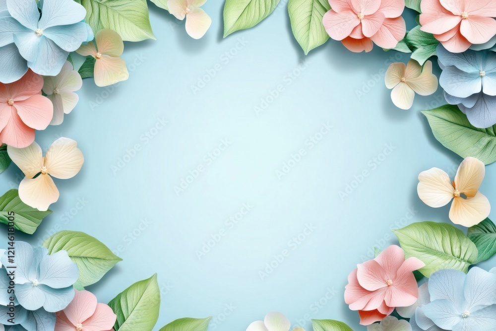 Obraz premium A beautiful floral frame made of pastel Hydrangea flowers and leaves with lots of white space in the center for text, isolated on light blue background