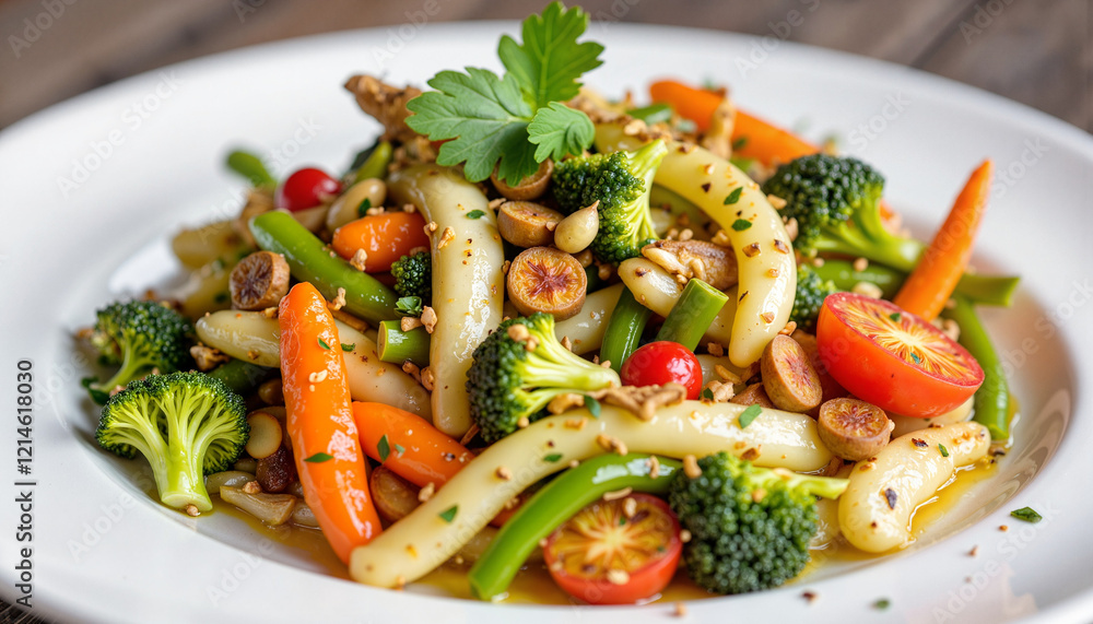 Vibrant vegan vegetable dish artfully plated, culinary elegance Vibrant vegan vegetable dish artfully plated, culinary elegance
