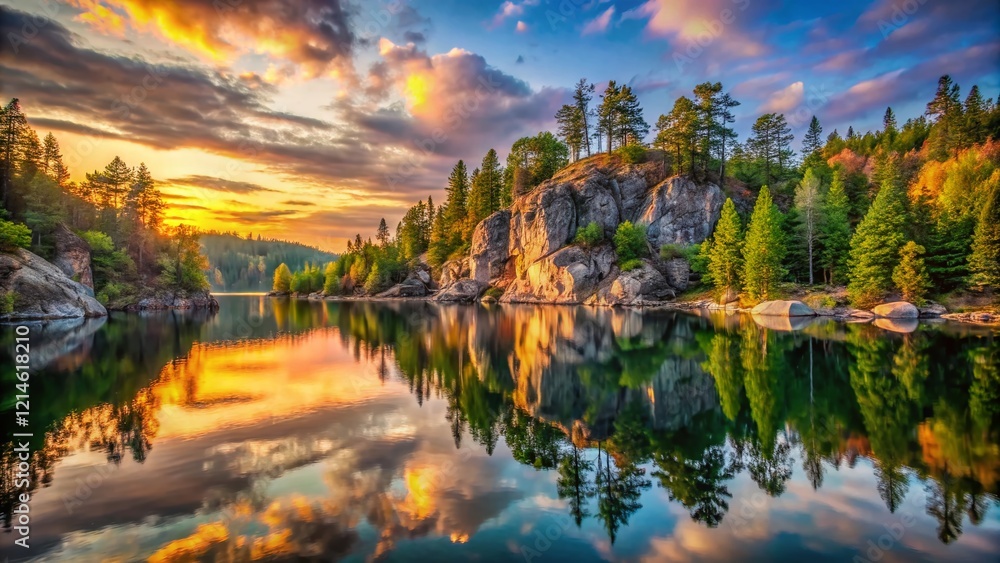 Fototapeta premium Serene Lake Reflection: Trees and Rocky Bluff at Dawn