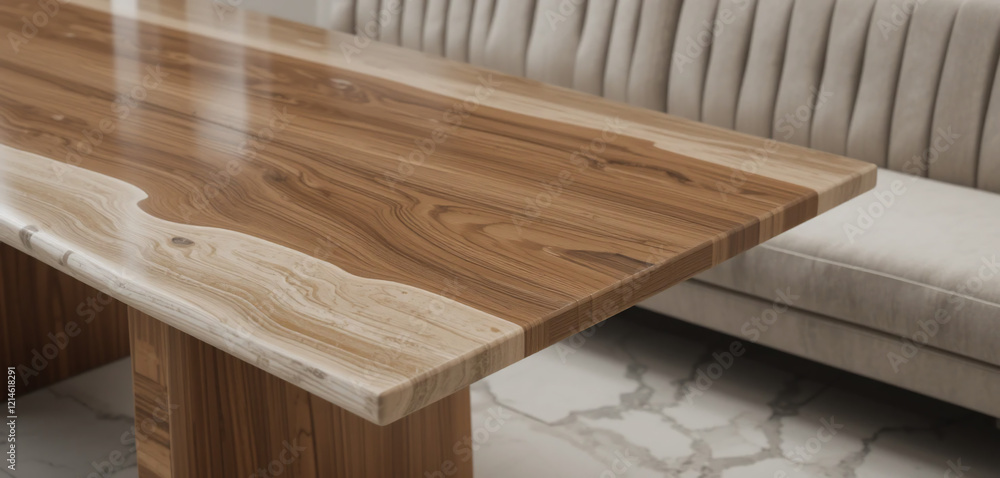 Hyper realistic photo, close up detail, product photography, Dining Table, warm oak, fluted cream travertine, with a minimal japanese fluffy padded sofa, ribbed, fluted, concrete Hyper realistic photo, close up detail, product photography, Dining Table, warm oak, fluted cream travertine, with a minimal japanese fluffy padded sofa, ribbed, fluted, concrete