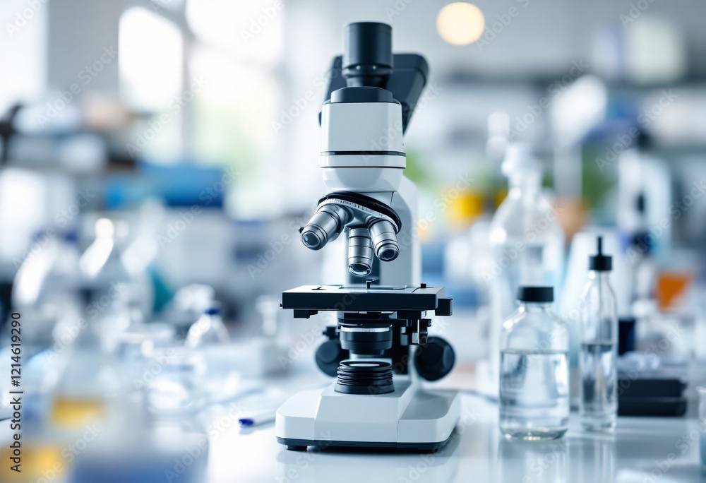 Professional microscope in modern science laboratory. Medical research equipment on blurred background with lab glassware. Healthcare and scientific study workspace Professional microscope in modern science laboratory. Medical research equipment on blurred background with lab glassware. Healthcare and scientific study workspace