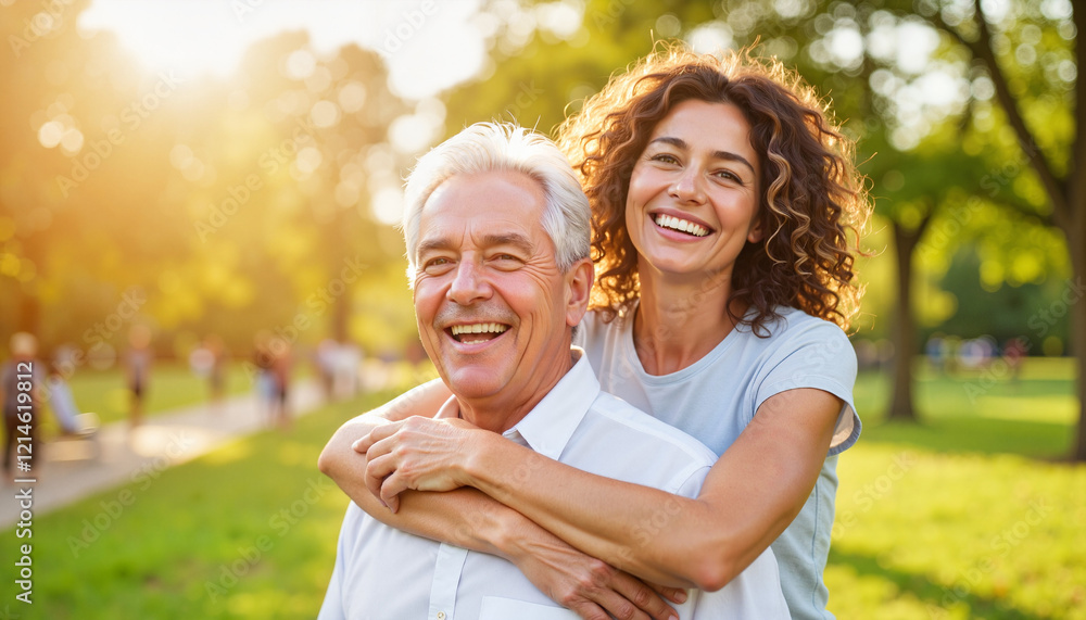 Fototapeta premium Joyful embrace between smiling adults in sunny park, connection and happiness