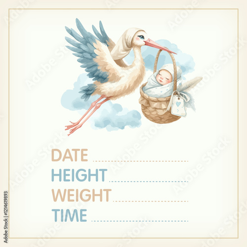 Watercolor Baby posters of newborn metric, height, weight, date of birth with stork carrying a cute baby. Newborn announcement cards, birthday party.